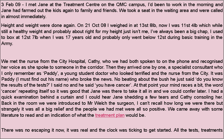 Text Box: 3 Feb 09 - I met Jane at the Treatment Centre on the QMC campus, Id been to work in the morning and Jane had farmed out the kids again to family and friends. We took a seat in the waiting area and were called in almost immediately.Height and weight were done again. On 21 Oct 08 I weighed in at 13st 8lb, now I was 11st 4lb which while still a healthy weight and probably about right for my height just isnt me, Ive always been a big chap, I used to box at 12st 7lb when I was 17 years old and probably only went below 12st during basic training in the Army.We met the nurse from the City Hospital, Cathy, who we had both spoken to on the phone and recognised her voice as she spoke to someone in the corridor. Then they arrived one by one, a specialist consultant who I only remember as Paddy, a young student doctor who looked terrified and the nurse from the City. It was Paddy (I must find out his name) who broke the news. No beating about the bush he just said do you know the results of the tests? I said no and he said you have cancer. At that point your mind races a bit, the word cancer repeating itself so it was good that Jane was there to take it all in and we could confer later. I had a quick examination behind a curtain and I could hear Jane shedding a few tears and Cathy consoling her. Back in the room we were introduced to Mr Welch the surgeon, I cant recall how long we were there but strangely it was all a big relief and the people we had met were all so positive. We came away with some literature to read and an indication of what the treatment plan would be.
There was no escaping it now, it was real and the clock was ticking to get started. All the tests, treatments 