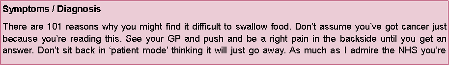 Text Box: Symptoms / DiagnosisThere are 101 reasons why you might find it difficult to swallow food. Dont assume youve got cancer just because youre reading this. See your GP and push and be a right pain in the backside until you get an answer. Dont sit back in patient mode thinking it will just go away. As much as I admire the NHS youre 
